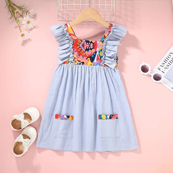 

Toddler Girls Geo Print Ruffle Trim Smock Dress, Baby blue