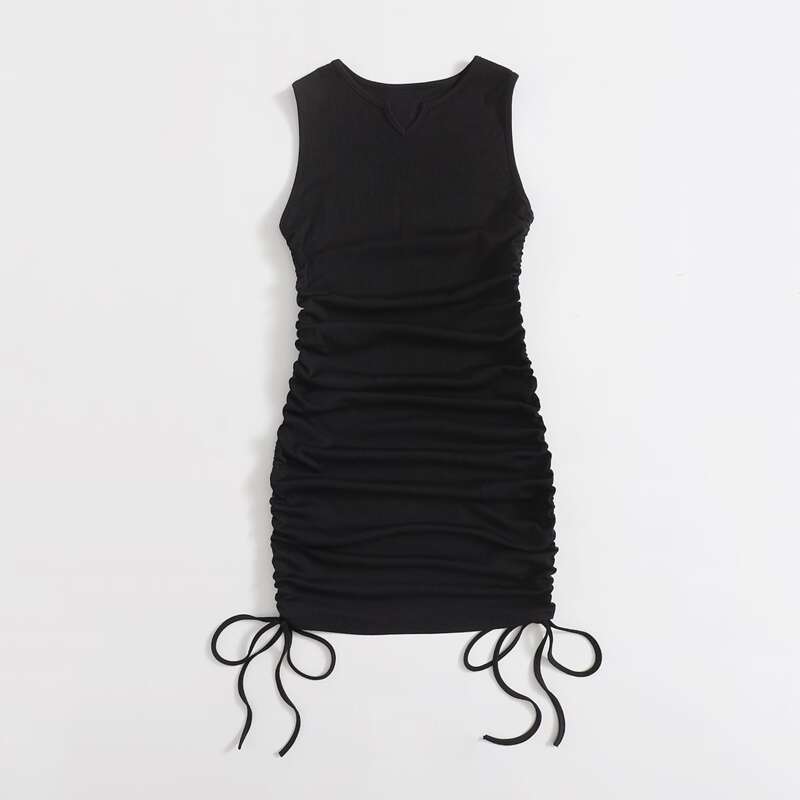 

Solid Drawstring Ruched Dress, Black