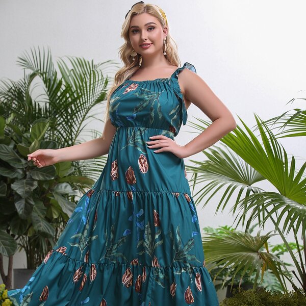 

Plus Tropical Print Ruffle Straps Dress, Green