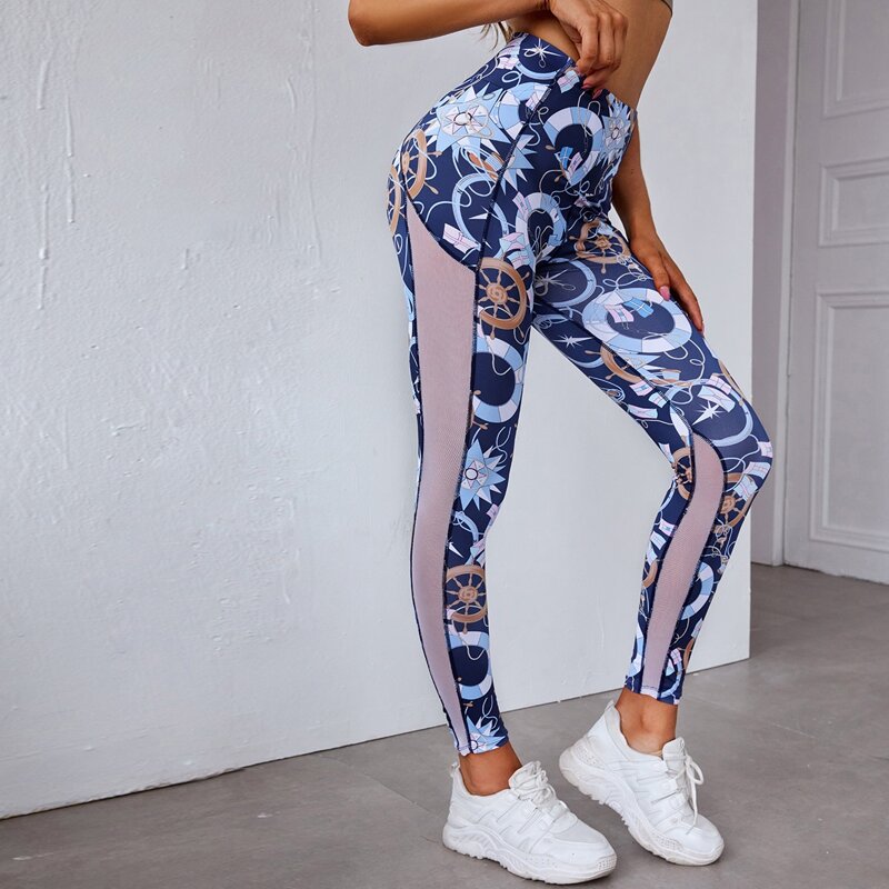 

High Stretch Anchor Print Wide Band Waist Sports Leggings, Multicolor