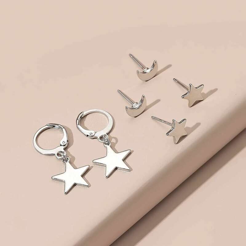

3pairs Star & Moon Earrings, Silver