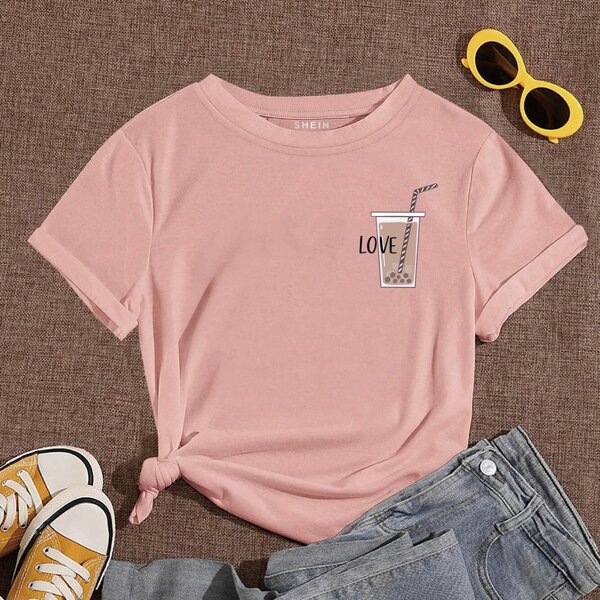 

Cartoon Milk Tea And Letter Graphic Tee, Coral pink
