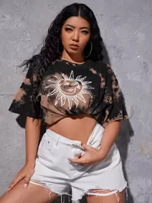 Flirla Plus Moon Graphic Tie Dye Tee - Multicolor - View 1