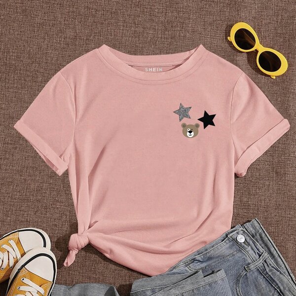 

Bear & Star Print Round Neck Tee, Pink