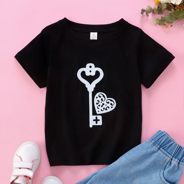 

Toddler Girls 1pc Key And Heart Print Tee, Black
