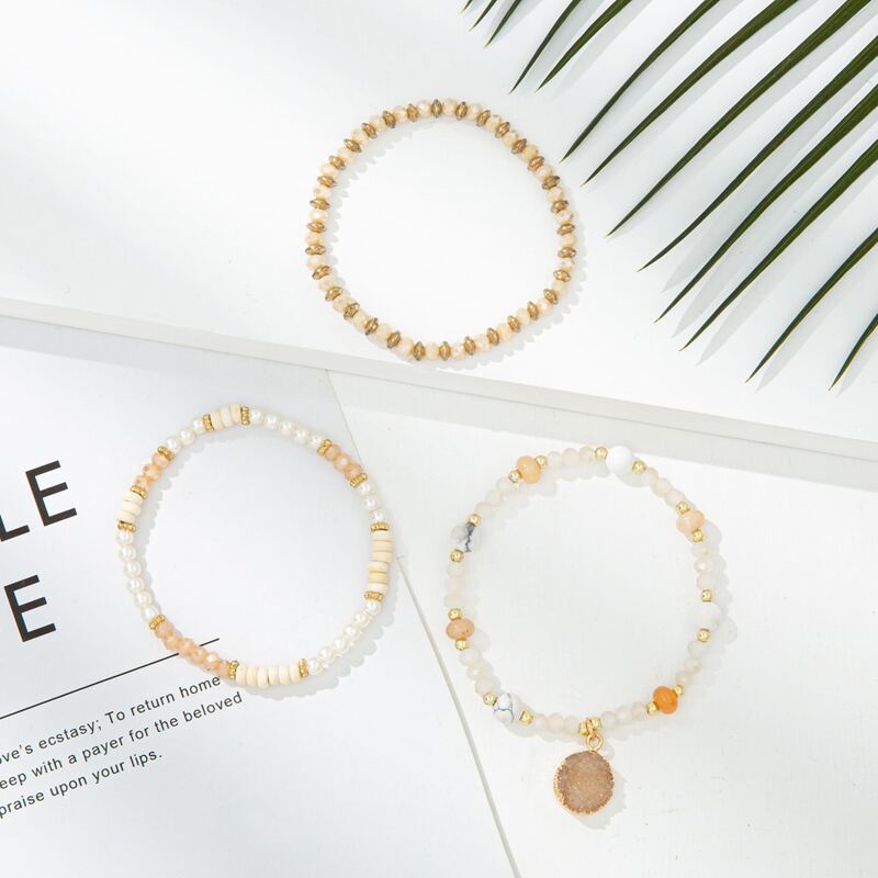 

3pcs Rhinestone Beaded Bracelet, Beige