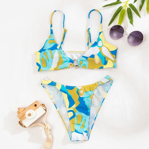 

Camo Ring Linked Bikini Swimsuit, Multicolor