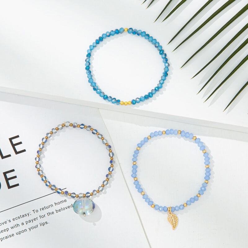

3pcs Leaf Beaded Bracelet, Blue