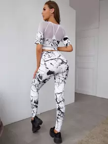 Contrast Mesh Sports Tee & Marble Print Leggings - White - View 2