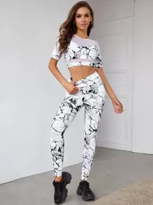 Contrast Mesh Sports Tee & Marble Print Leggings - White - View 5