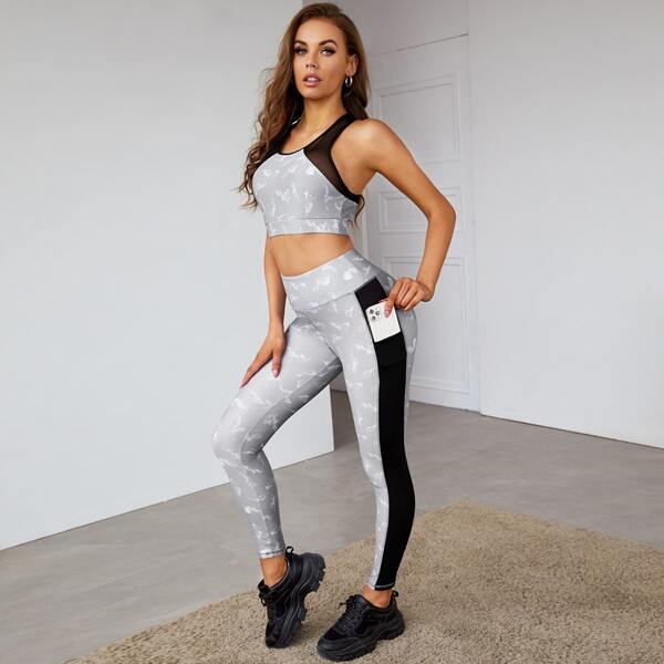 

Contrast Mesh Sports Bra & Leggings With Phone Pocket, Light grey