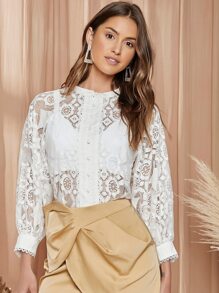 SHEIN 燈籠袖蕾絲襯衫不附帶胸罩