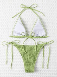 Swim Vcay Summer Beach Mono Bikini Set Smocked Micro Triangle Bra & Tie Side Bottom 2 Pieces Bikini - Olive Green - View 2