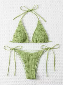 Swim Vcay Summer Beach Mono Bikini Set Smocked Micro Triangle Bra & Tie Side Bottom 2 Pieces Bikini - Olive Green - View 3