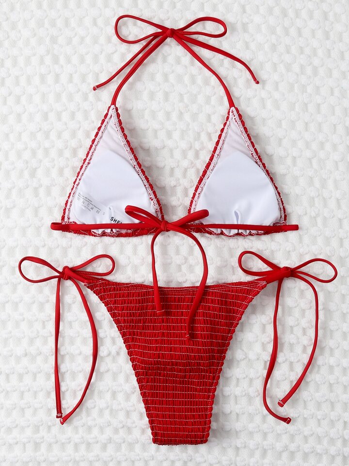 smocked micro triangle tie side bikini swimsuit