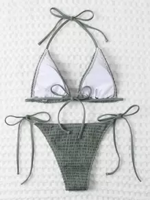 Swim Vcay Summer Beach Mono Bikini Set Smocked Micro Triangle Bra & Tie Side Bottom 2 Pieces Bikini - Army Green - View 2
