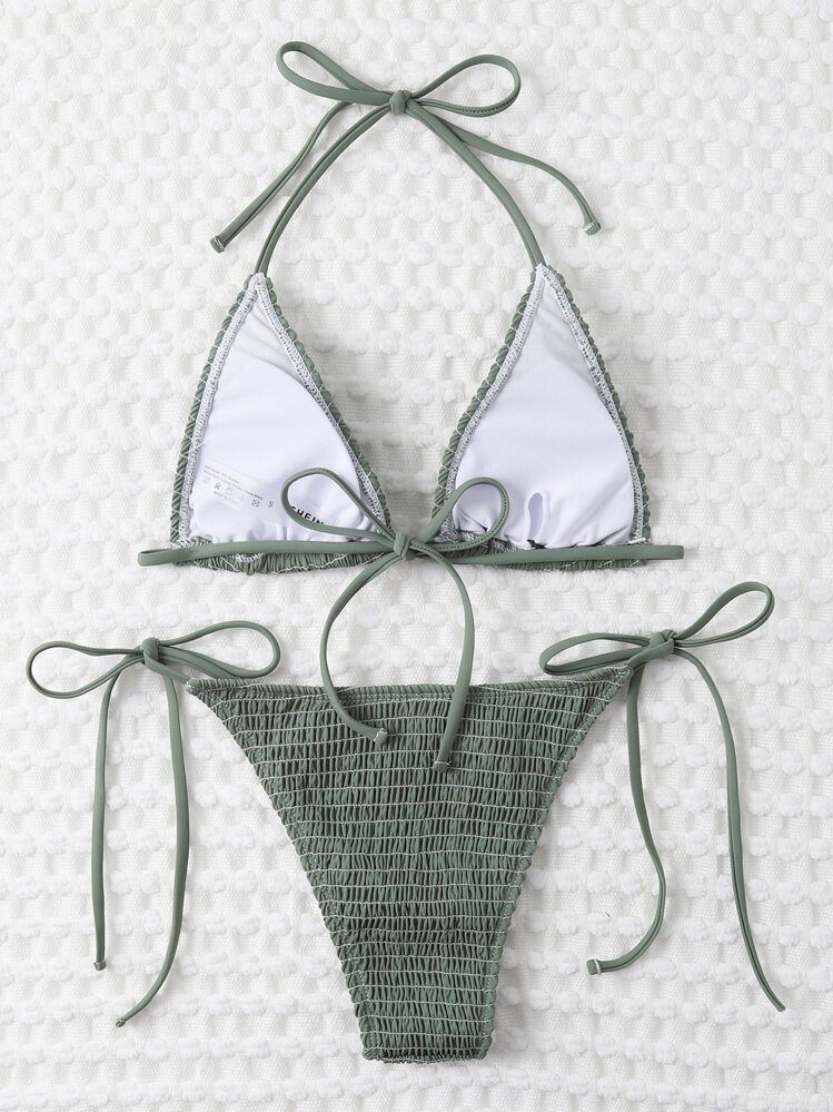Swim Vcay Summer Beach Mono Bikini Set Smocked Micro Triangle Bra & Tie Side Bottom 2 Pieces Bikini - Army Green - View 2