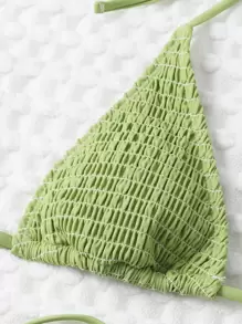 Swim Vcay Summer Beach Mono Bikini Set Smocked Micro Triangle Bra & Tie Side Bottom 2 Pieces Bikini - Olive Green - View 4