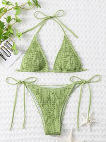 Swim Vcay Summer Beach Mono Bikini Set Smocked Micro Triangle Bra & Tie Side Bottom 2 Pieces Bikini - Olive Green - View 6