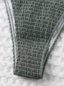 Swim Vcay Summer Beach Mono Bikini Set Smocked Micro Triangle Bra & Tie Side Bottom 2 Pieces Bikini - Army Green - View 5