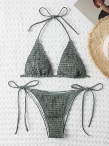 Swim Vcay Summer Beach Mono Bikini Set Smocked Micro Triangle Bra & Tie Side Bottom 2 Pieces Bikini - Army Green - View 6