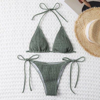 Smocked Micro Triangle Tie Side Bikini Swimsuit