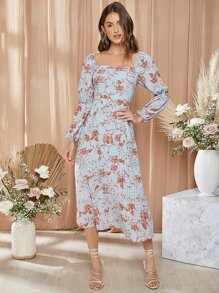 SHEIN Square Neck Gathered Sleeve Floral Dress - Multicolor - View 1
