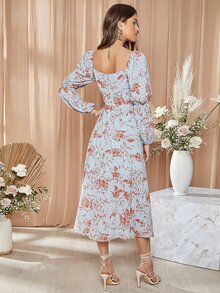 SHEIN Square Neck Gathered Sleeve Floral Dress - Multicolor - View 2