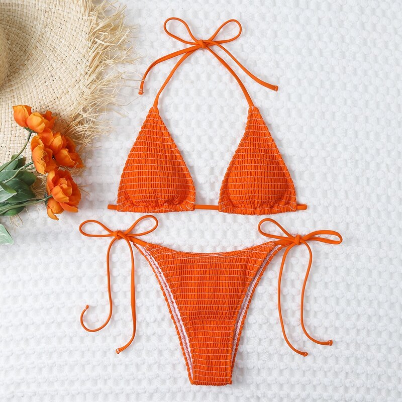 

Smocked Micro Triangle Tie Side Bikini Swimsuit, Orange