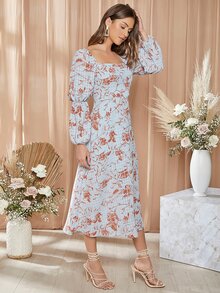 SHEIN Square Neck Gathered Sleeve Floral Dress - Multicolor - View 3