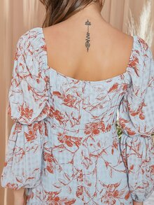 SHEIN Square Neck Gathered Sleeve Floral Dress - Multicolor - View 4