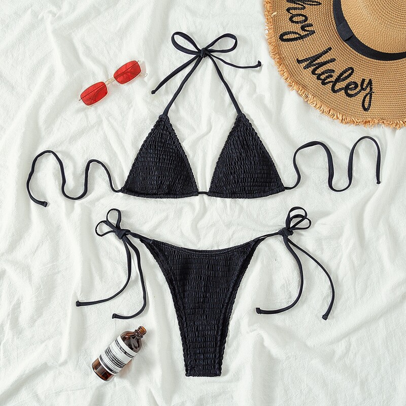 

Smocked Micro Triangle Tie Side Bikini Swimsuit, Black