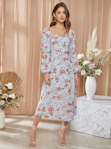 SHEIN Square Neck Gathered Sleeve Floral Dress - Multicolor - View 5