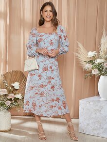 SHEIN Square Neck Gathered Sleeve Floral Dress - Multicolor - View 6