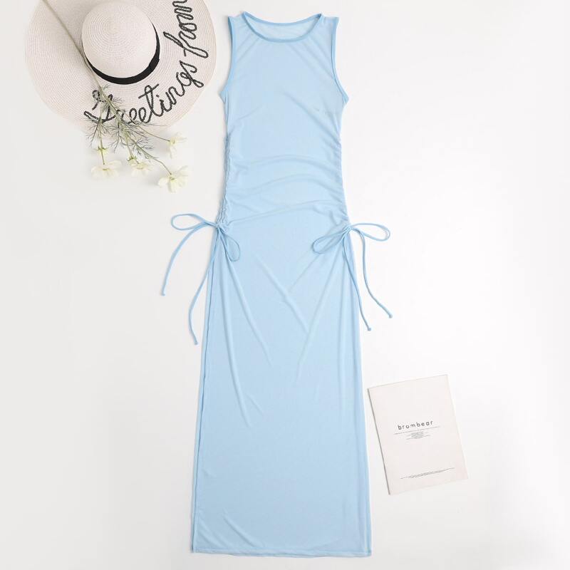 

Sheer Drawstring High Neck Cover Up, Baby blue