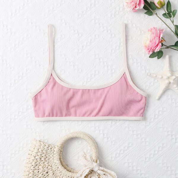 

Ribbed Contrast Binding Bikini Top, Pink