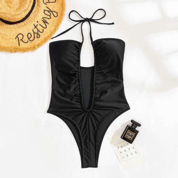 

Drawstring Halter One Piece Swimsuit, Black