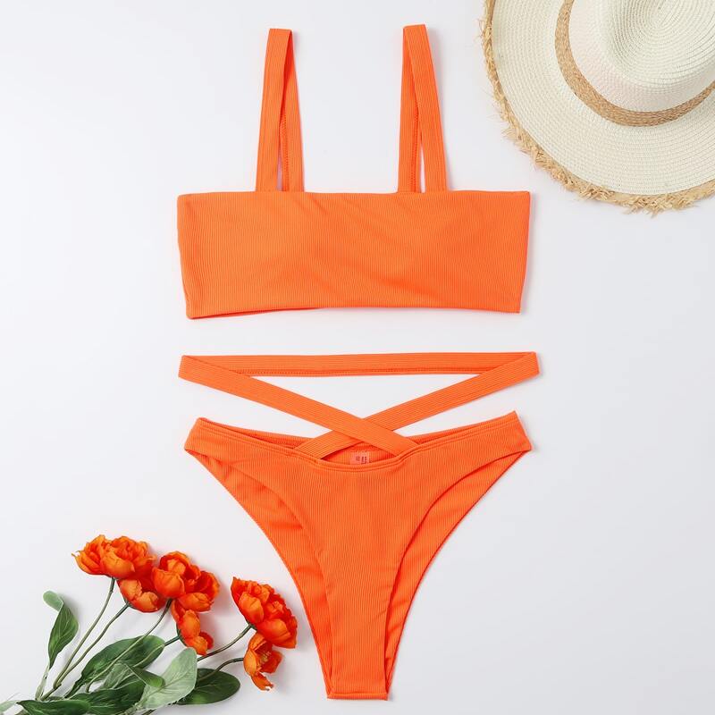 

Rib Crisscross Bikini Swimsuit, Orange