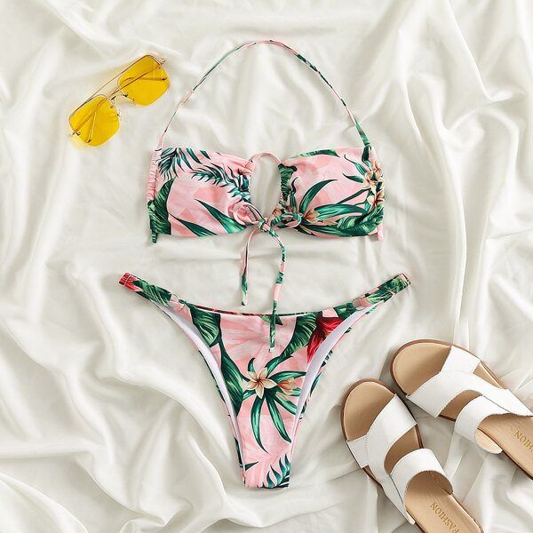 

Tropical Tie Front Thong Bikini Swimsuit, Multicolor