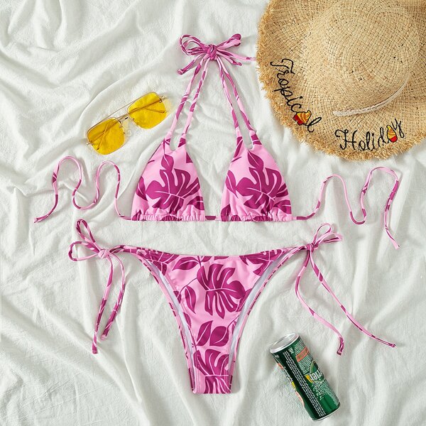 

Leaf Print Halter Tie Side Bikini Swimsuit, Multicolor