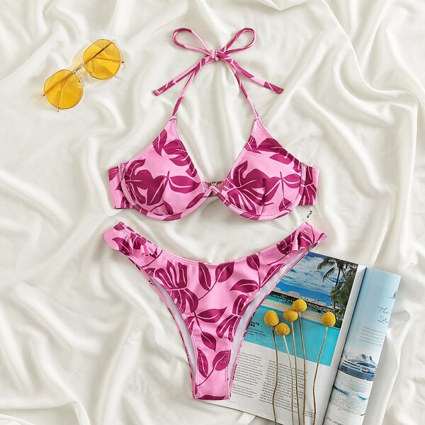 

Leaf Print Ruffle Underwire Bikini Swimsuit, Multicolor