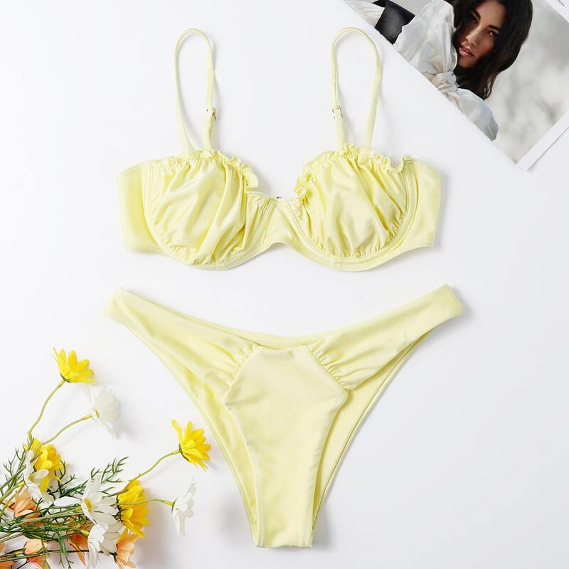 

Ruched Bust Frill Underwire Bikini Swimsuit, Yellow