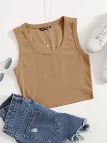 SHEIN EZwear 大碼大圓領背心上衣 - 卡其色 - 查看 1