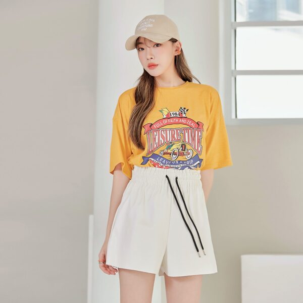 

Letter And Car Print Drop Shoulder Tee, Yellow