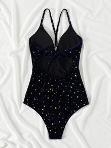 Star Pattern Velvet One Piece Swimsuit - Blue - View 2