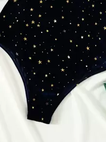 Star Pattern Velvet One Piece Swimsuit - Blue - View 3