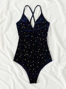 Star Pattern Velvet One Piece Swimsuit - Blue - View 4