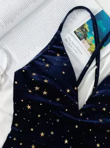 Star Pattern Velvet One Piece Swimsuit - Blue - View 5
