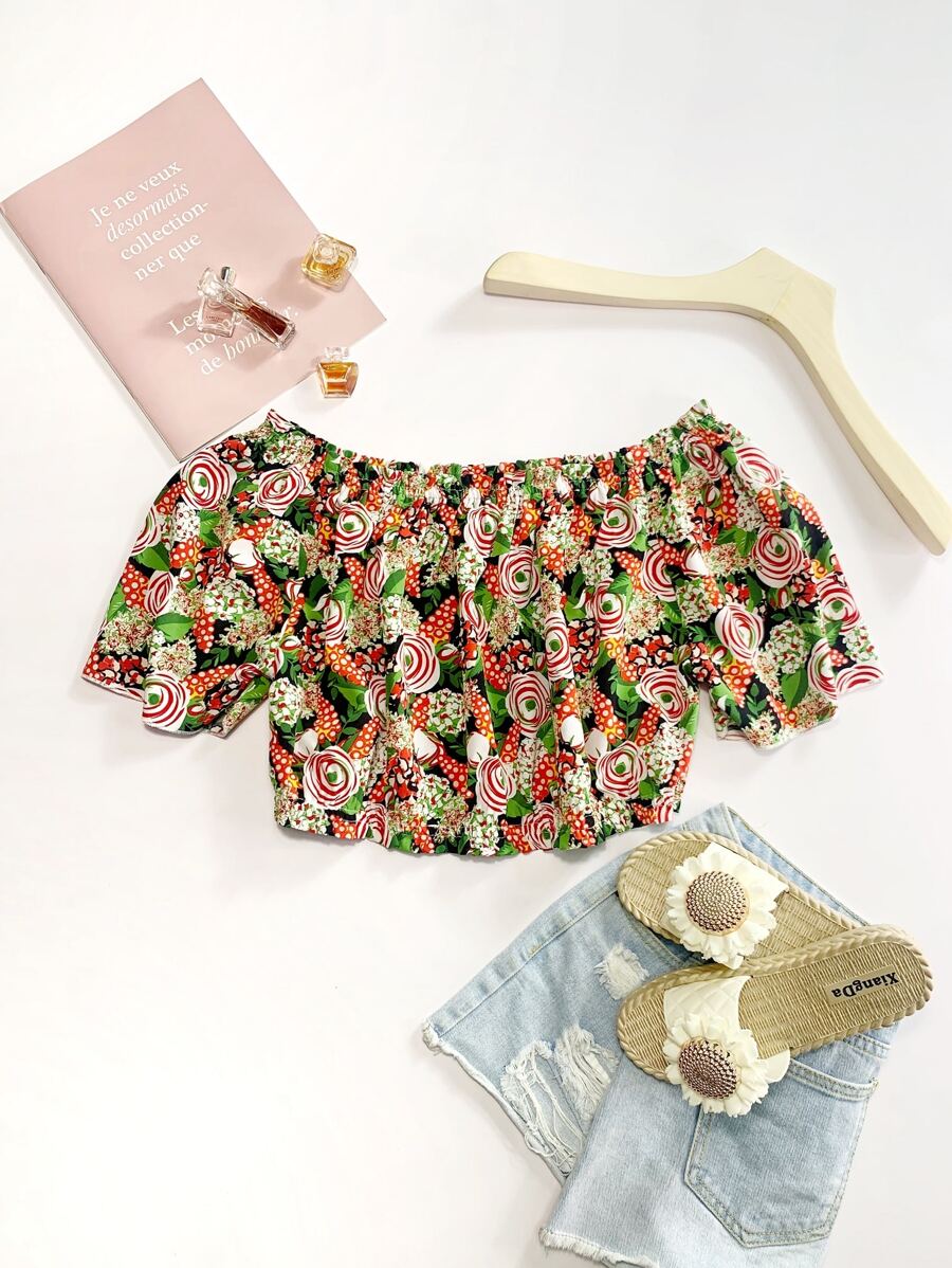 大碼滿版印花露肩襯衫 - 彩色 - 查看 1