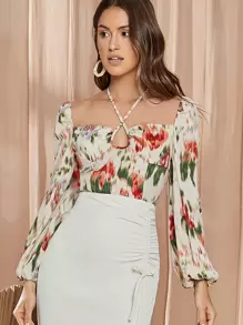 SHEIN Bishop Sleeve Tie Dye Top - Multicolor - View 1